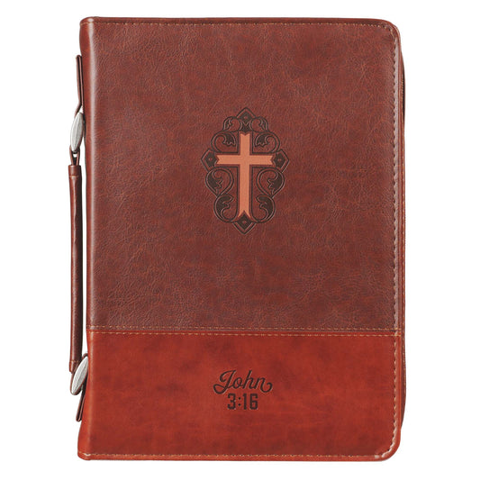 John 3:16 Two-Tone Brown Faux Leather Bible Cover With Cross - The Christian Gift Company