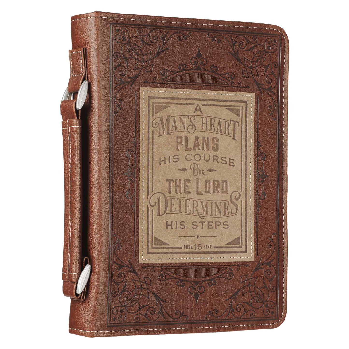 A Man's Heart Brown Faux Leather Classic Bible Cover - Proverbs 16:9 - The Christian Gift Company