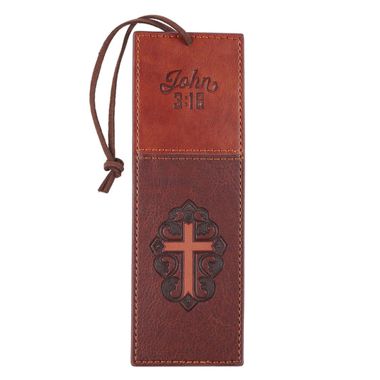 John 3:16 Collection Two-Tone Brown Faux Leather Bookmark With Cross - The Christian Gift Company