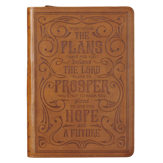 I Know the Plans Saddle Tan Faux Leather Classic Journal with Zippered Closure - Jeremiah 29:11 - The Christian Gift Company