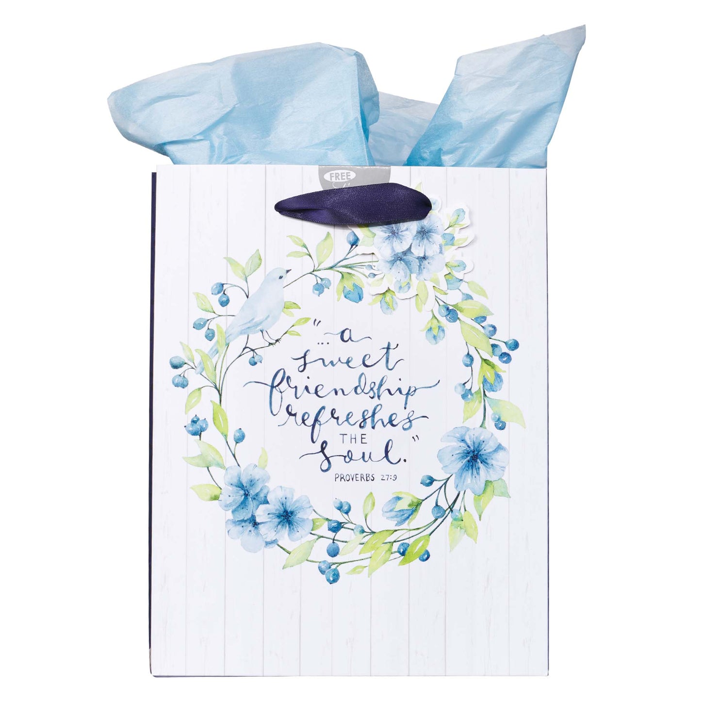 A Sweet friendship Medium Gift Bag in White and Blue with Tissue Paper - Proverbs 27:9 - The Christian Gift Company