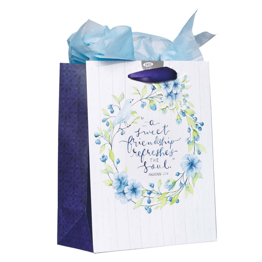 A Sweet friendship Medium Gift Bag in White and Blue with Tissue Paper - Proverbs 27:9 - The Christian Gift Company