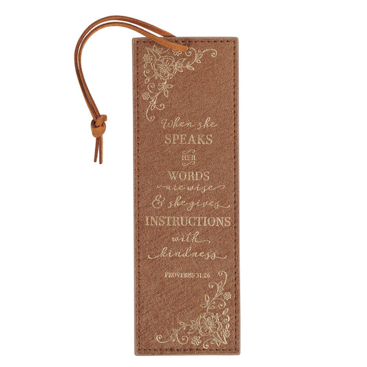When She Speaks Faux Leather Bookmark - Proverbs 31:26 - The Christian Gift Company