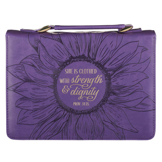 Purple Sunflower Strength & Dignity Faux Leather Fashion Bible Cover - Proverbs 31:25 - The Christian Gift Company