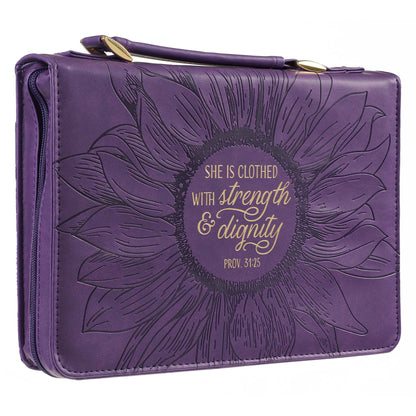 Purple Sunflower Strength & Dignity Faux Leather Fashion Bible Cover - Proverbs 31:25 - The Christian Gift Company