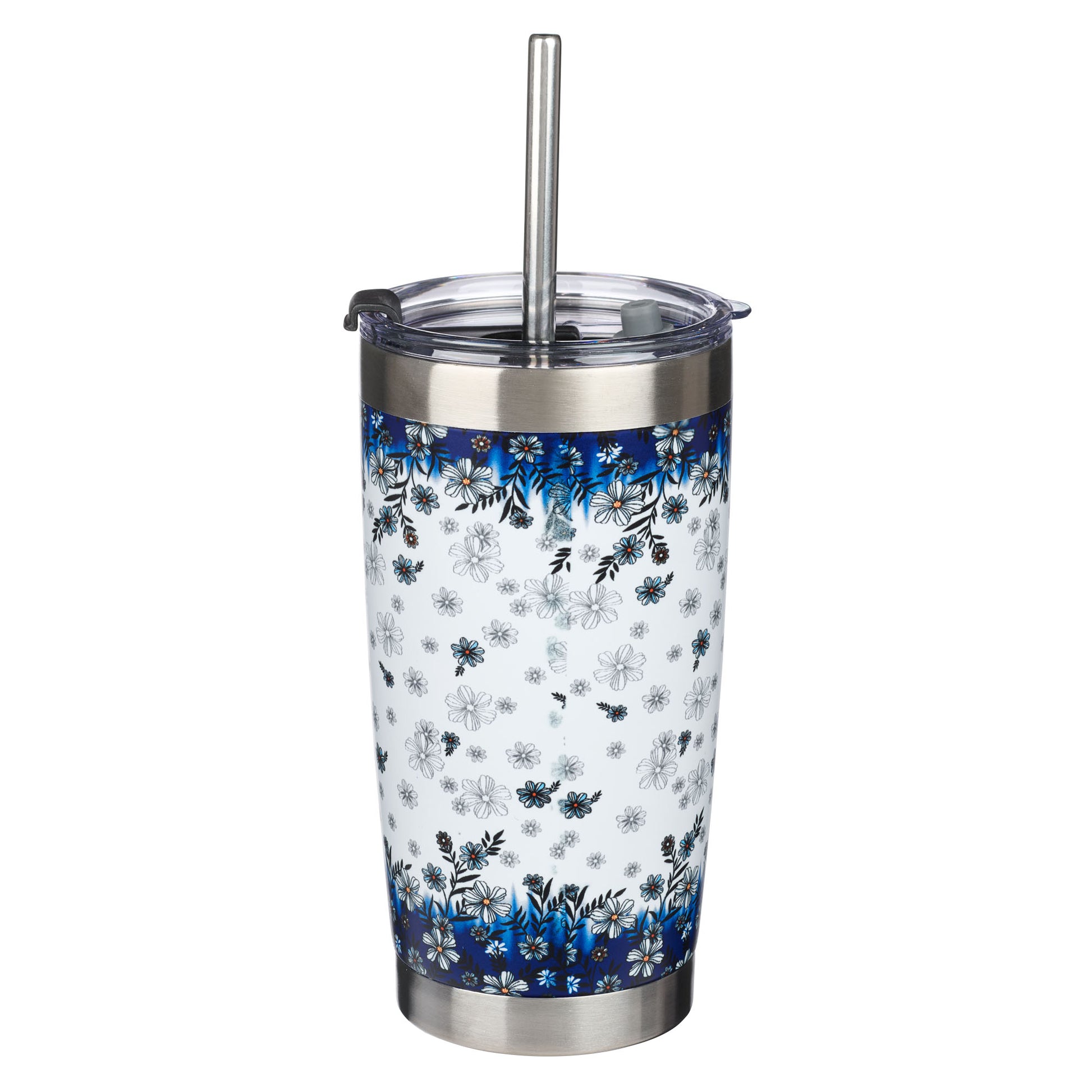 Be Still & Know Blue Floral Stainless Steel Travel Mug with Reusable Stainless Steel Straw - Psalm 46:10 - The Christian Gift Company