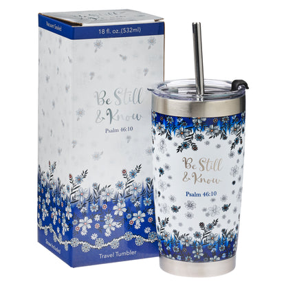 Be Still & Know Blue Floral Stainless Steel Travel Mug with Reusable Stainless Steel Straw - Psalm 46:10 - The Christian Gift Company