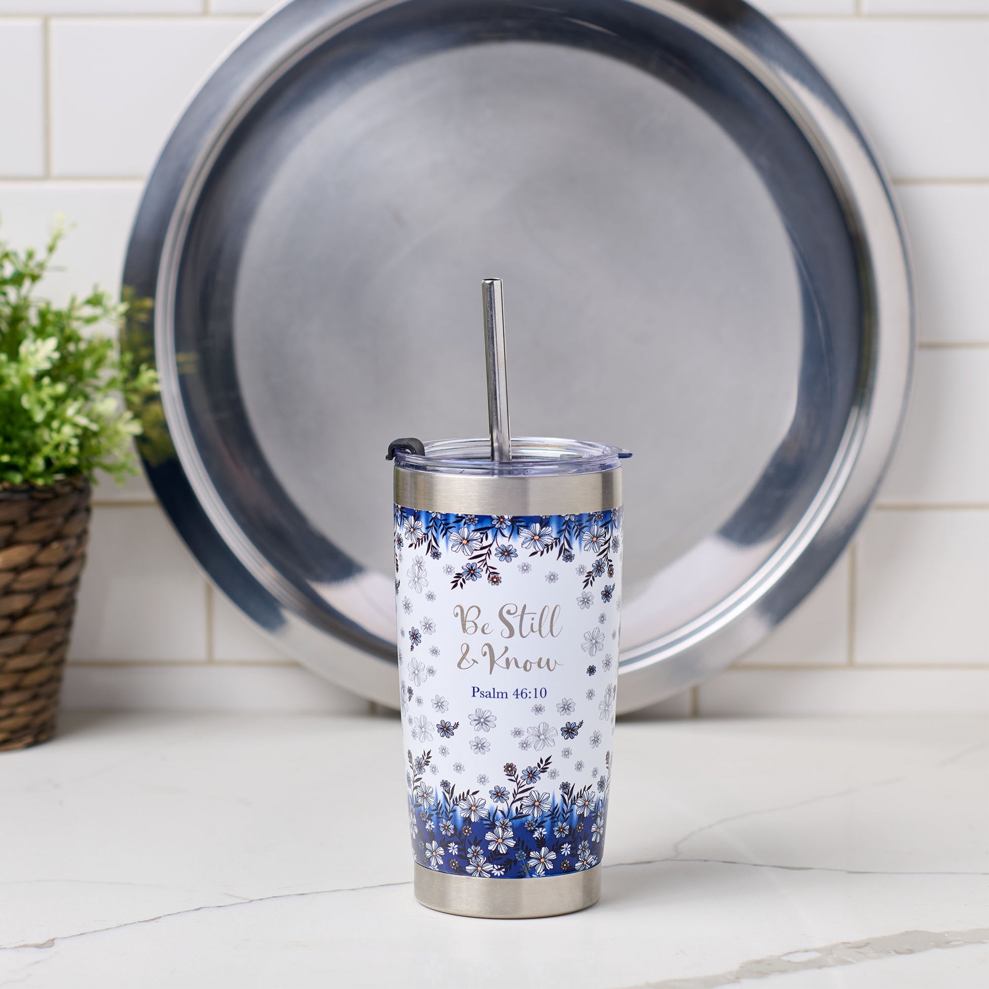 Be Still & Know Blue Floral Stainless Steel Travel Mug with Reusable Stainless Steel Straw - Psalm 46:10 - The Christian Gift Company