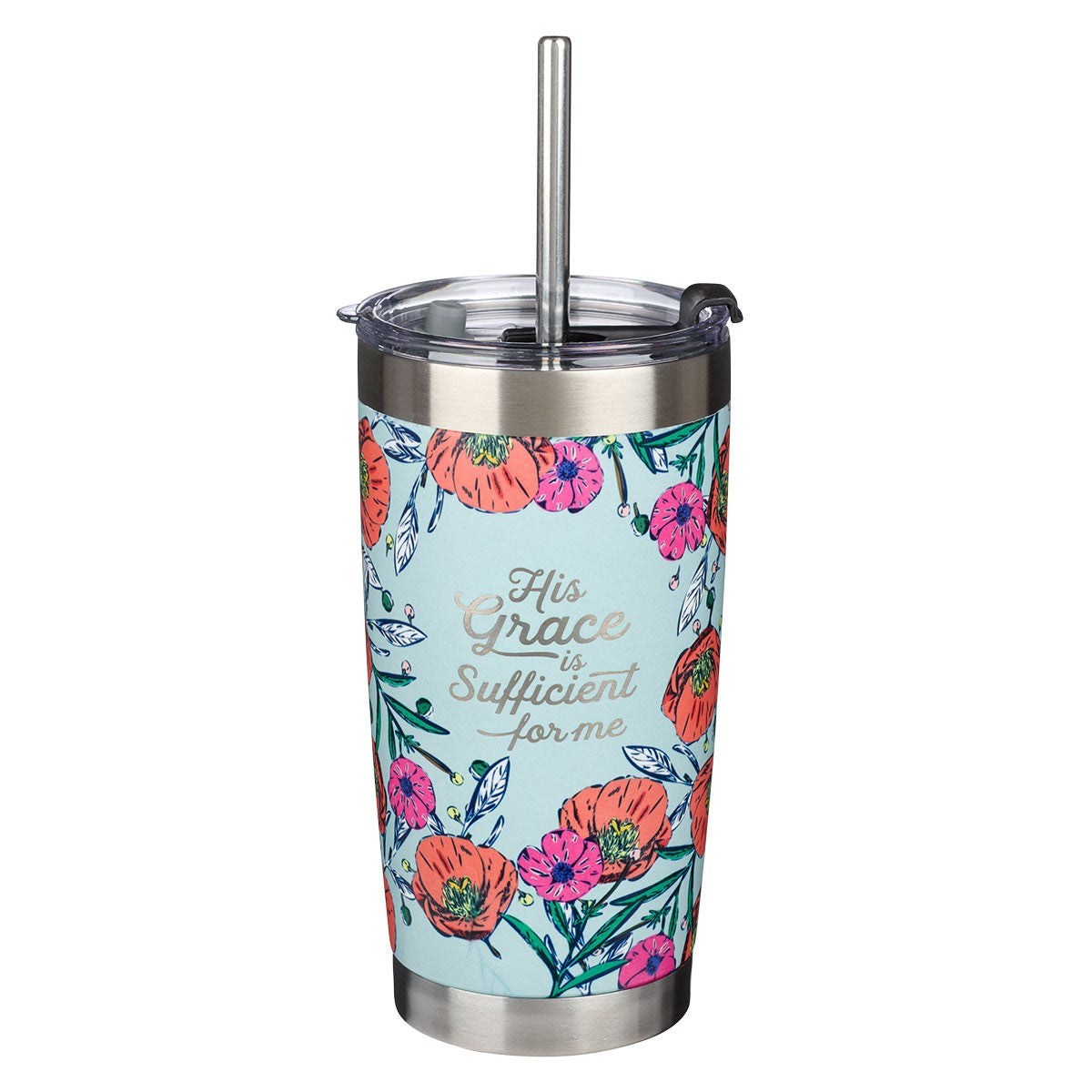 His Grace Stainless Steel Travel Mug With Reusable Stainless Steel Straw - The Christian Gift Company