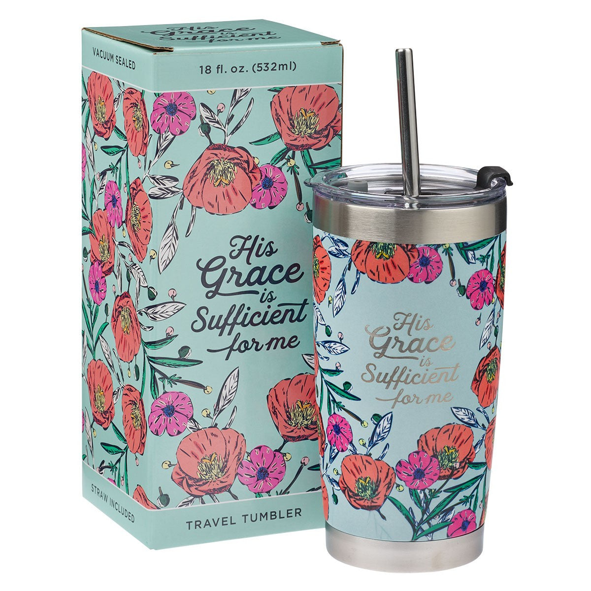 His Grace Stainless Steel Travel Mug With Reusable Stainless Steel Straw - The Christian Gift Company