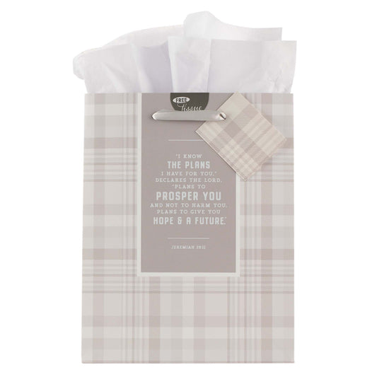 I Know the Plans Grey Plaid Medium Gift Bag - Jeremiah 29:11 - The Christian Gift Company