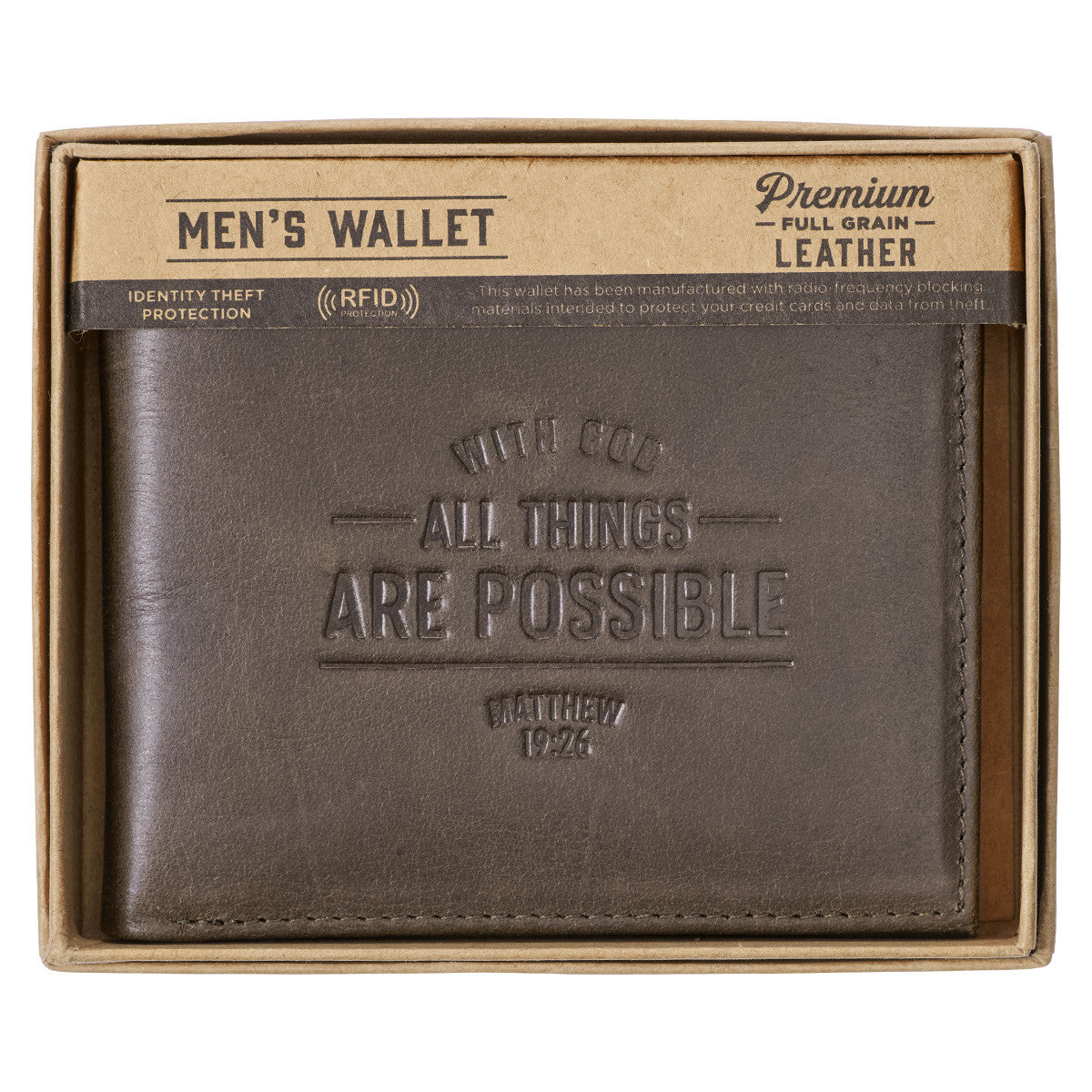 With God All Things Are Possible Brown Genuine Leather Wallet - Matthew 19:26 - The Christian Gift Company