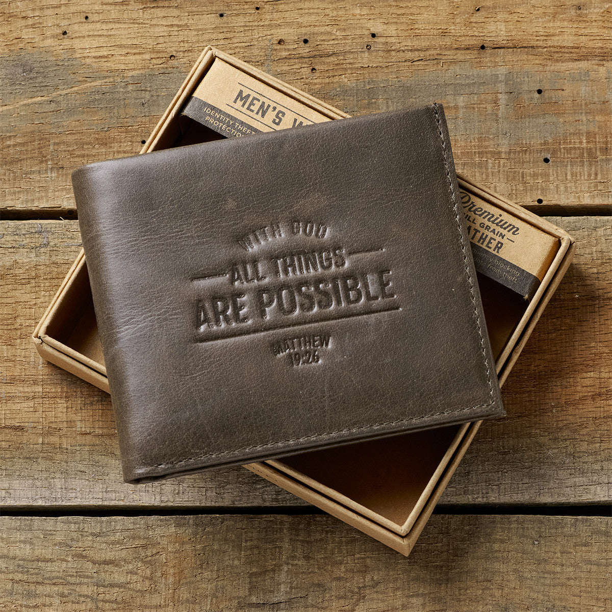 With God All Things Are Possible Brown Genuine Leather Wallet - Matthew 19:26 - The Christian Gift Company