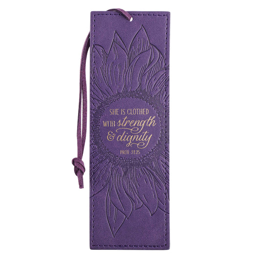 Strength and Dignity Purple Sunflower Faux Leather Bookmark - Proverbs 31:25 - The Christian Gift Company