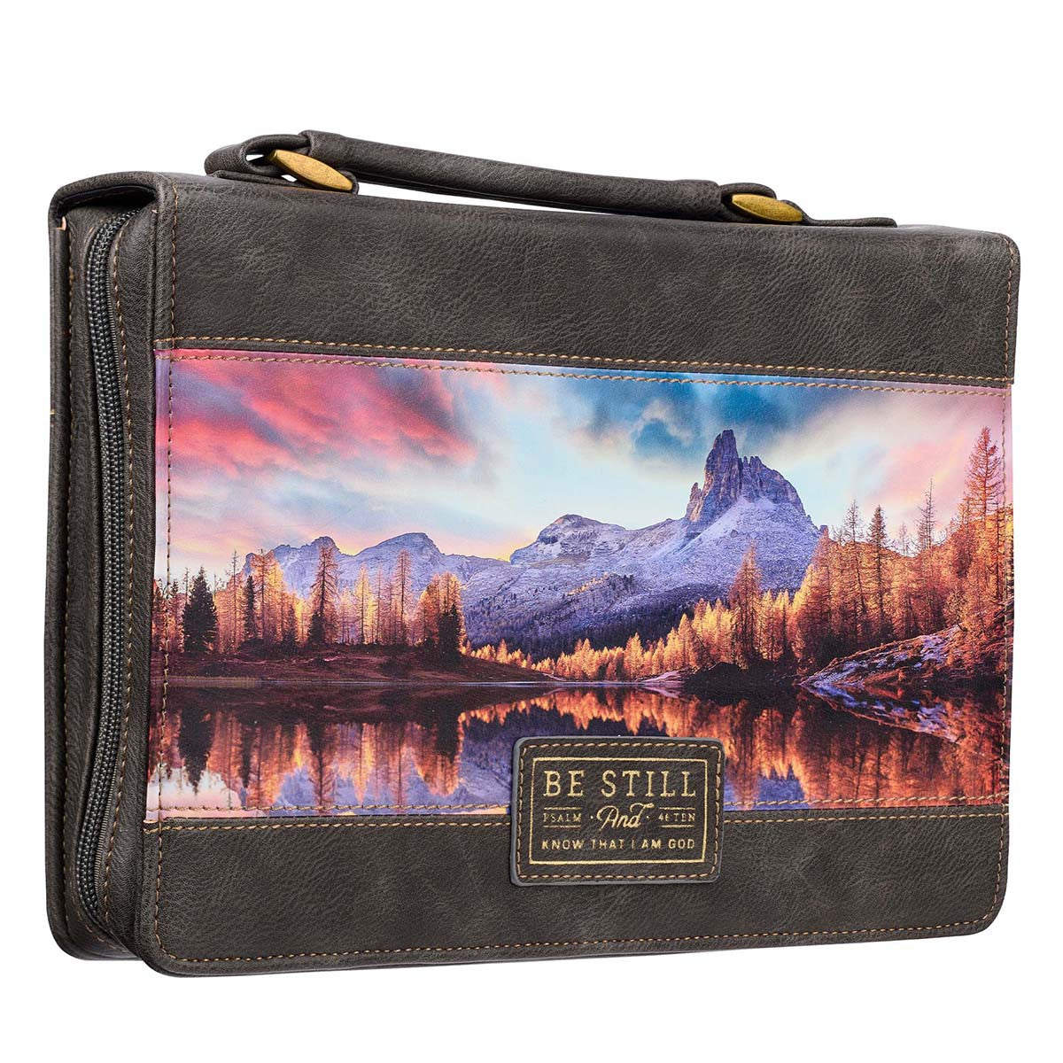 Be Still Majestic Valley Charcoal Faux Leather Classic Bible Cover- Psalm 46:10 - The Christian Gift Company