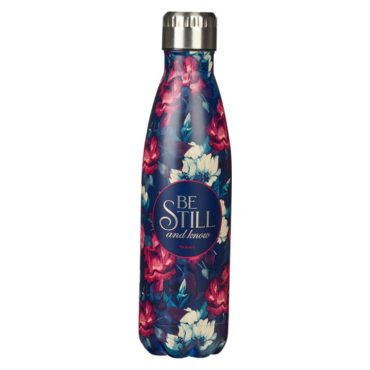 Water Bottle SS Navy Flowers Be Still & Know Ps. 46:10 - The Christian Gift Company