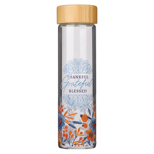 Thankful Grateful Blessed Glass Water Bottle with Bamboo Lid and Sleeve - The Christian Gift Company