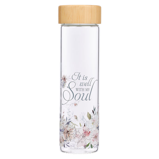 Well With My Soul Hymn Glass Water Bottle with Bamboo Lid and Sleeve - The Christian Gift Company