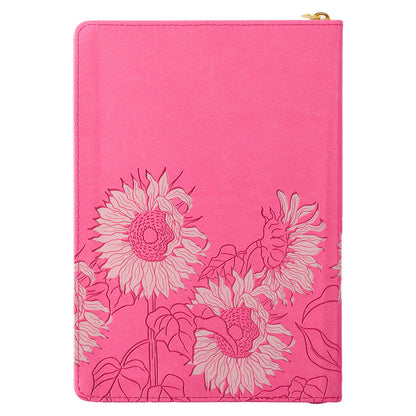 God Works For The Good Pink Sunflower Faux Leather Classic Journal with Zippered Closure - Romans 8:28 - The Christian Gift Company