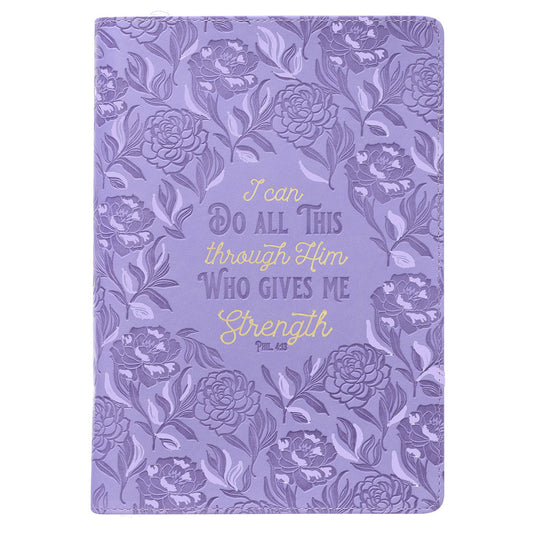 Through Him Purple Floral Faux Leather Classic Journal with Zippered Closure - Philippians 4:13 - The Christian Gift Company