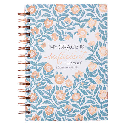 Sufficient Grace Teal Floral Large Wirebound Journal - 2 Corinthians 12:9 - The Christian Gift Company