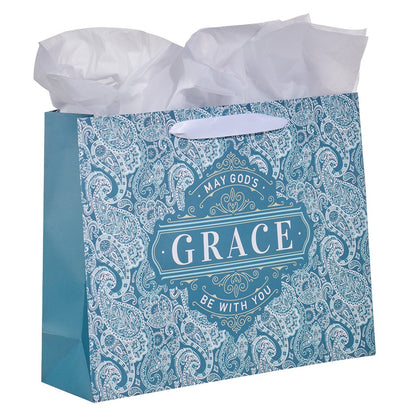 Teal Paisley God's Grace Large Landscape Gift Bag Set with Card - The Christian Gift Company