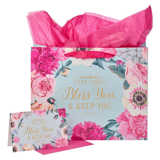 Bless You & Keep You Pink Floral Large Landscape Gift Bag with Card - Numbers 6:24 - The Christian Gift Company