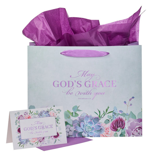 May God's Grace Be With You Purple Succulent Large Landscape Gift Bag with Card - Colossians 4:18 - The Christian Gift Company