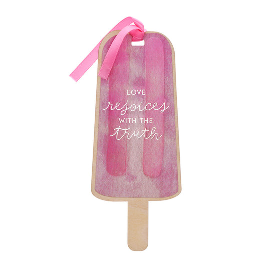 Love Rejoices Strawberry Pink Lolly Wood Bookmark - 1 Corinthians 13:6 - The Christian Gift Company