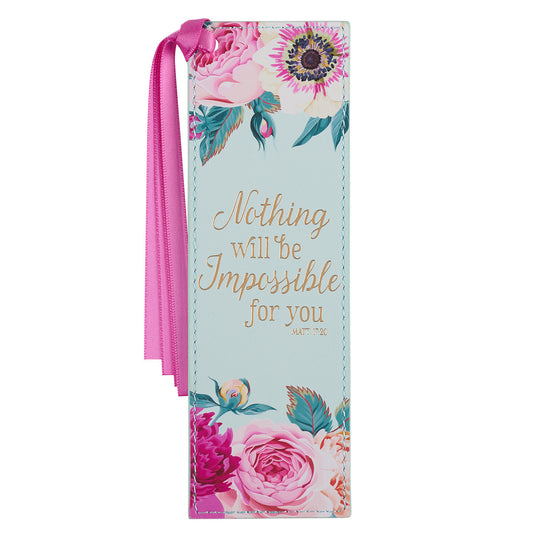 Nothing Will Be Impossible Mint Green Floral Faux Leather Bookmark - Matthew 17:20 - The Christian Gift Company