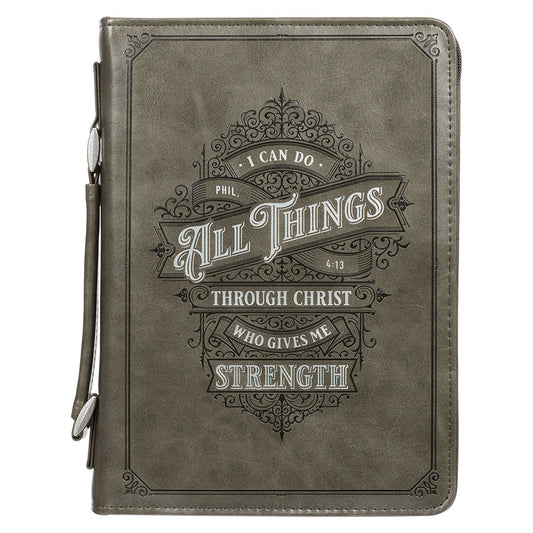 All Things Filigree Grey Faux Leather Classic Bible Cover - Philippians 4:13 - The Christian Gift Company