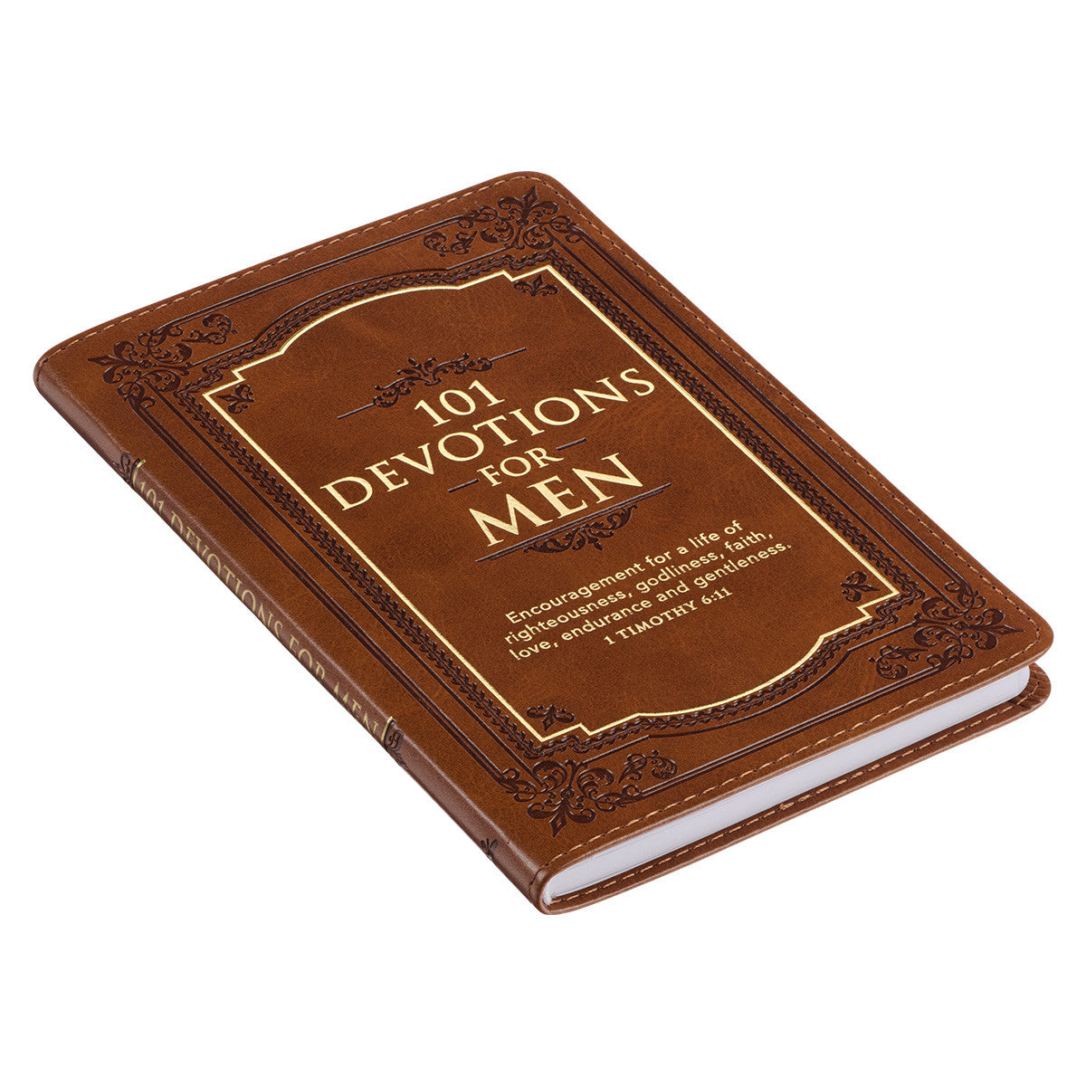 101 Devotions for Men Tawny Brown Faux Leather Devotional - 1 Timothy 6:11 - The Christian Gift Company