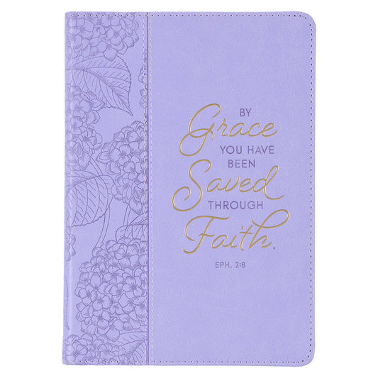 By Grace Lilac Purple Hydrangea Faux Leather Classic Journal - Ephesians 2:8 - The Christian Gift Company