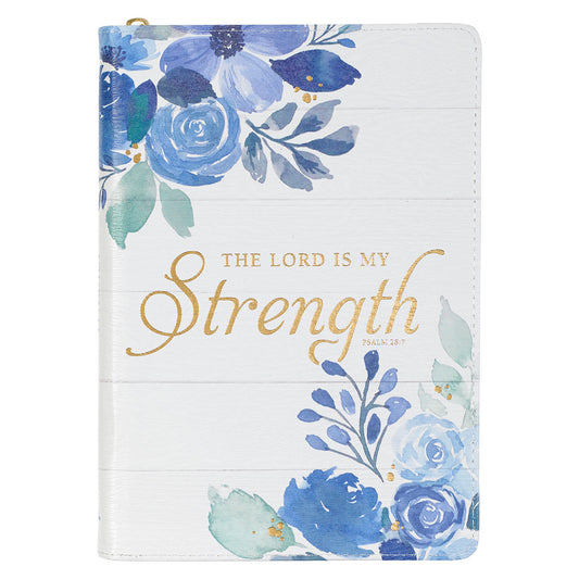 The Lord is my Strength Blue Floral Faux Leather Classic Journal with Zipper Closure - Psalm 28:7 - The Christian Gift Company