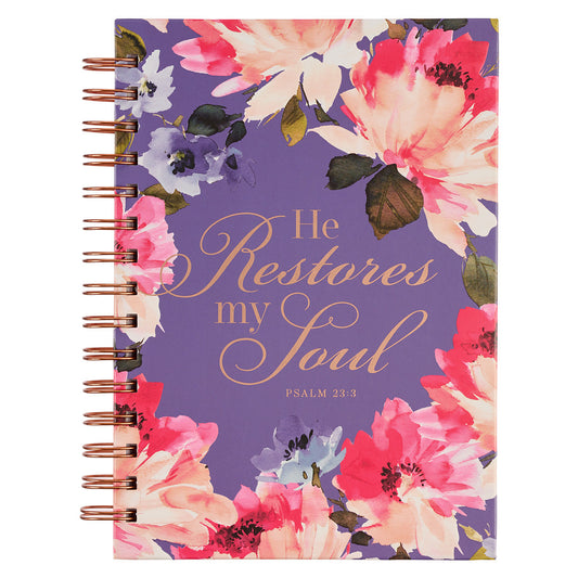 He Restores My Soul Purple Floral Large Wirebound Journal - Psalm 23:3 - The Christian Gift Company