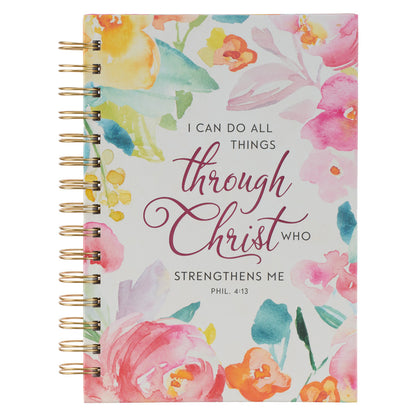 All Things Through Christ Multi-coloured Floral Large Wirebound Journal - Philippians 4:13 - The Christian Gift Company