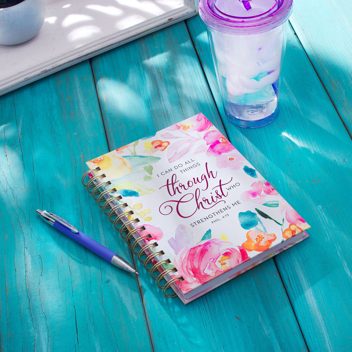 All Things Through Christ Multi-coloured Floral Large Wirebound Journal - Philippians 4:13 - The Christian Gift Company