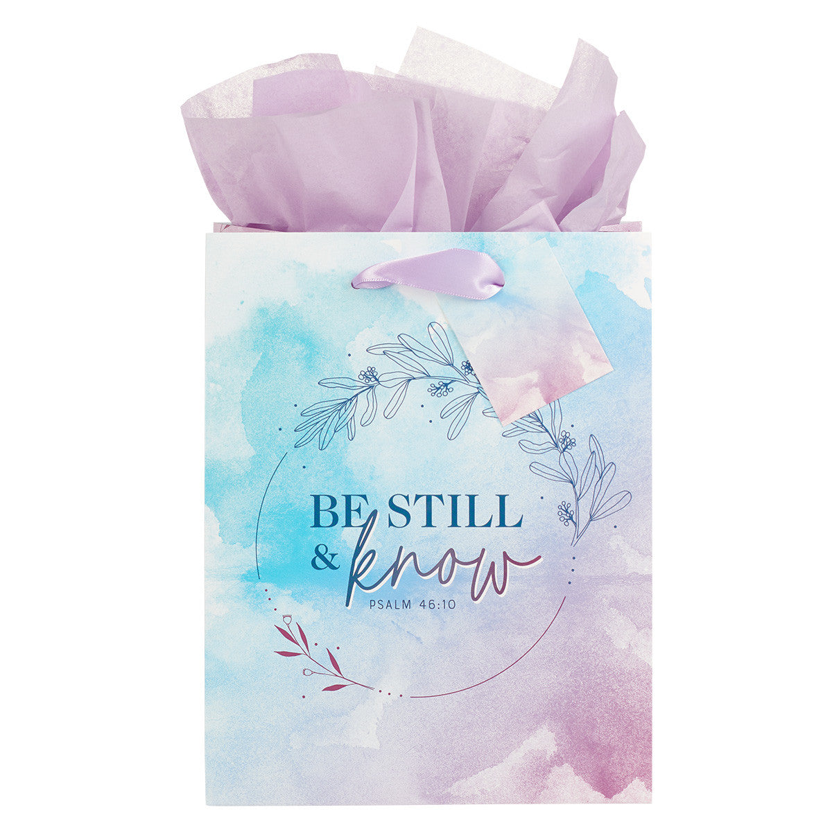 Be Still & Know Lilac and Blue Watercolour Medium Gift Bag - Psalm 46:10 - The Christian Gift Company