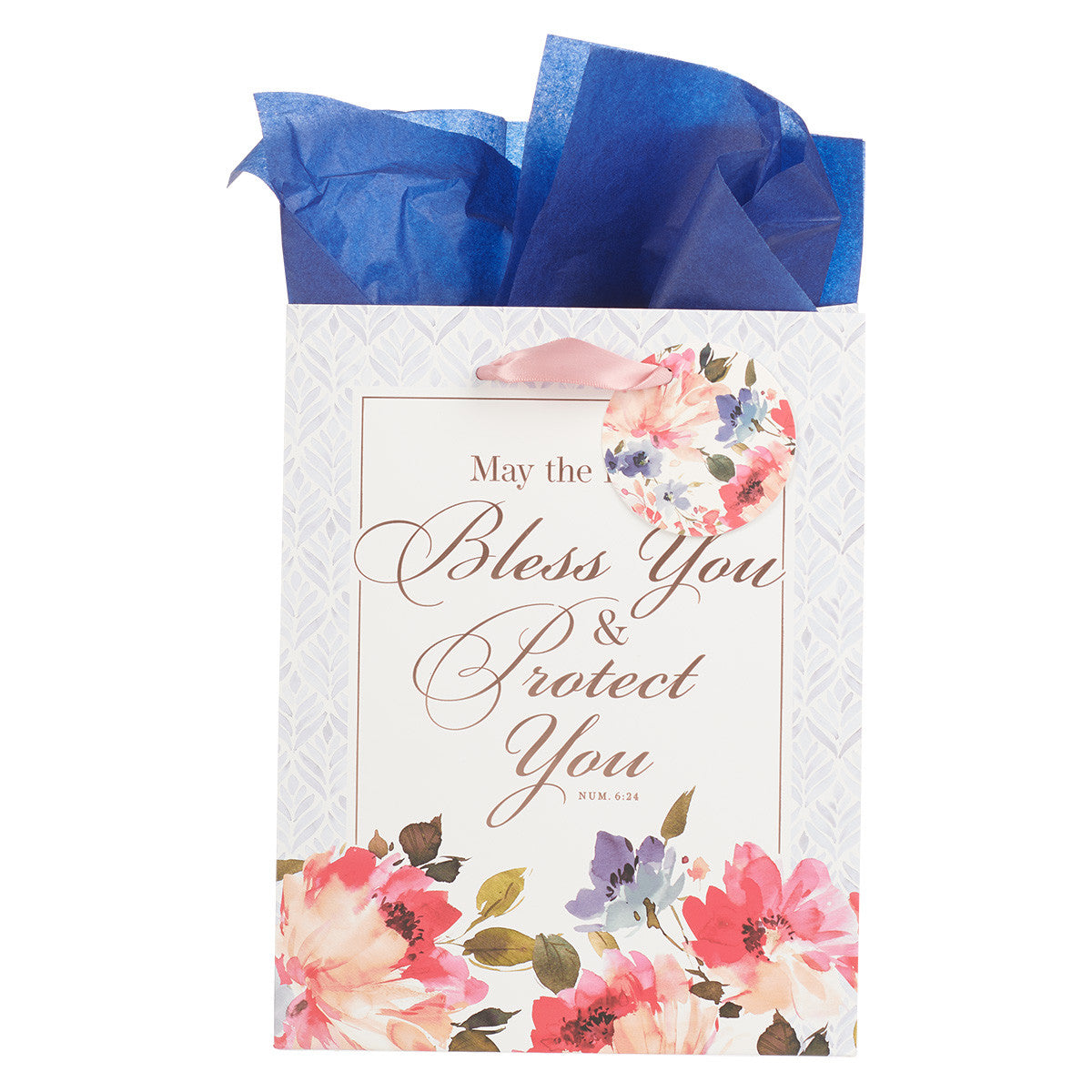 Bless You and Protect You Blue Floral Medium Gift Bag - Numbers 6:24 - The Christian Gift Company