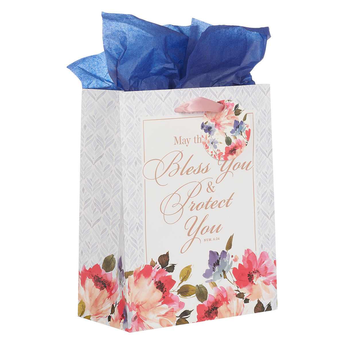 Bless You and Protect You Blue Floral Medium Gift Bag - Numbers 6:24 - The Christian Gift Company