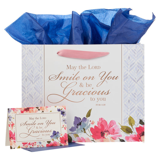 Smile and Be Gracious to You Floral Large Landscape Gift Bag and Card Set - Numbers 6:25 - The Christian Gift Company