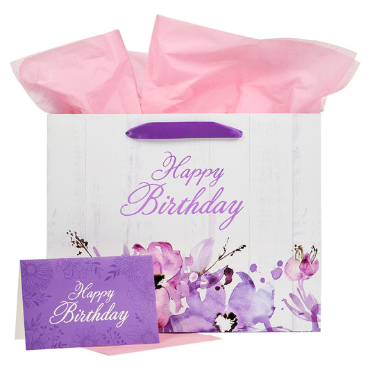 Happy Birthday Purple Floral Large Landscape Gift Bag and Card Set - The Christian Gift Company