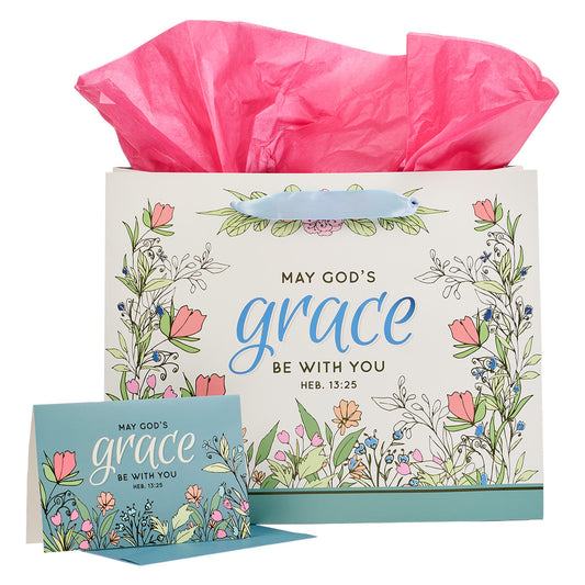 God's Grace Blue Floral Large Landscape Gift Bag and Card Set - Hebrews 13:25 - The Christian Gift Company