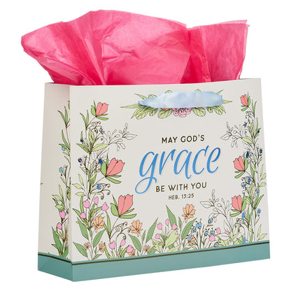 God's Grace Blue Floral Large Landscape Gift Bag and Card Set - Hebrews 13:25 - The Christian Gift Company