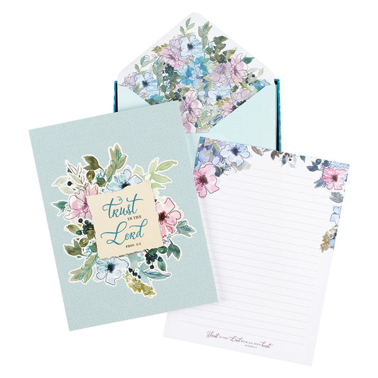 Trust in the Lord Blue Floral Writing Paper and Envelope Set - Proverbs 3:5 - The Christian Gift Company