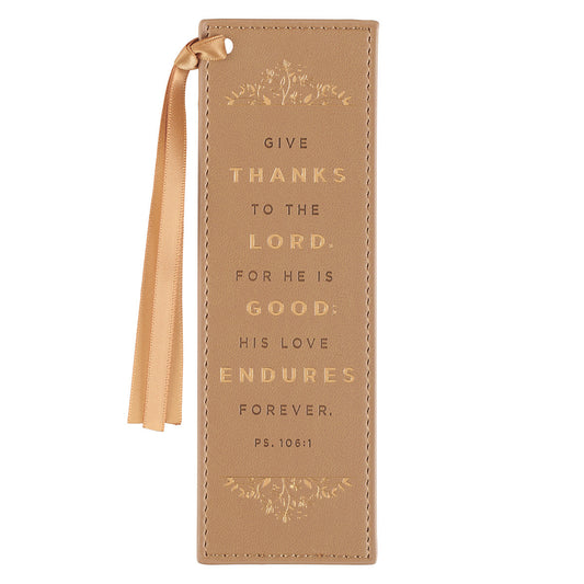 Give Thanks Butterscotch Faux Leather Bookmark - Psalm 106:1 - The Christian Gift Company