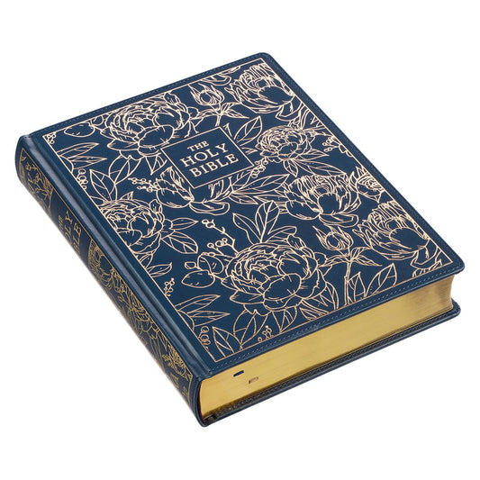 Navy Blue Floral Faux Leather Hardcover Large Print KJV Note-taking Bible - The Christian Gift Company