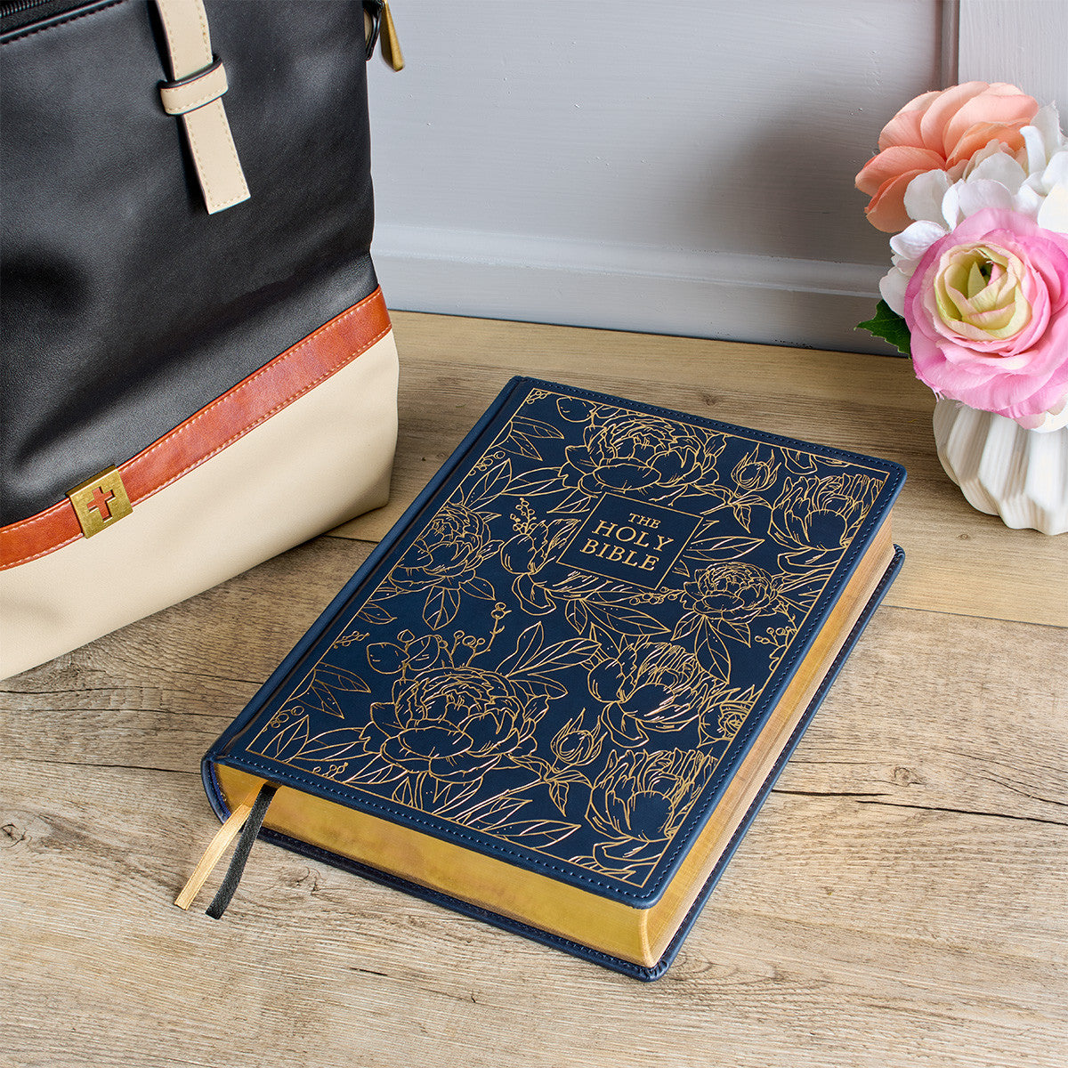 Navy Blue Floral Faux Leather Hardcover Large Print KJV Note-taking Bible - The Christian Gift Company