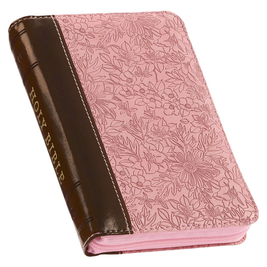 Pink and Saddle Tan Faux Leather Mini Pocket King James Version Bible with Zippered Closure - The Christian Gift Company