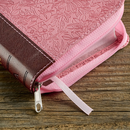 Pink and Saddle Tan Faux Leather Mini Pocket King James Version Bible with Zippered Closure - The Christian Gift Company